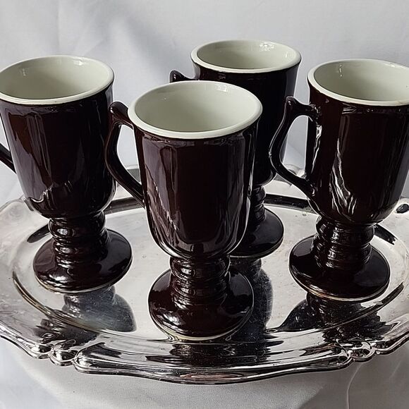 Vintage Chocolate Brown Hall Pottery Pedestal Mugs Set of 4 - Picture 6 of 14